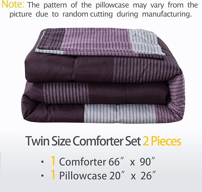 Andency Stripe Comforter Set Twin Size (66x90 Inch), 2 Pieces Purple and Gray Patchwork Striped Comforter, Soft Microfiber Down Alternative Comforter Bedding Set with Corner Loops