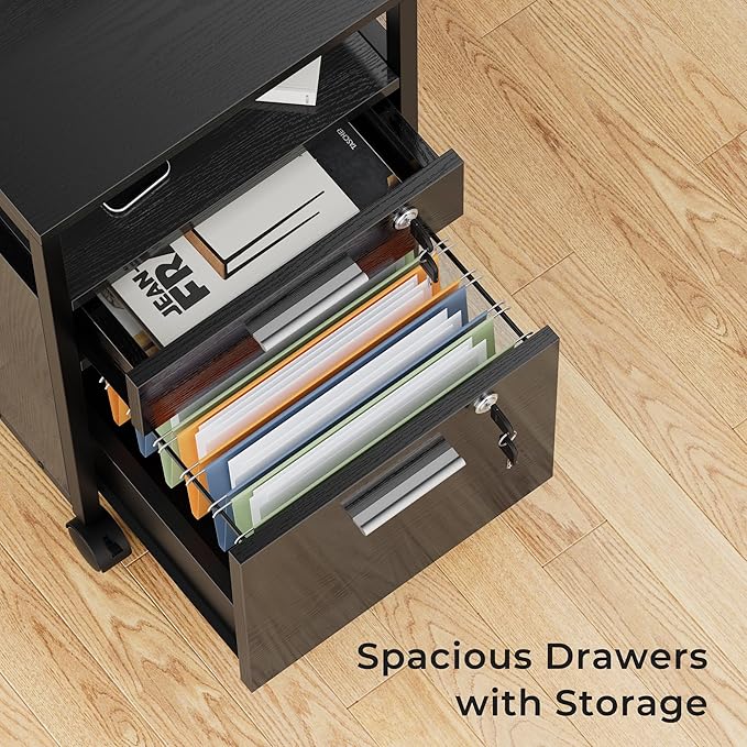 SUPERJARE File Cabinet with Lock & Charging Station, 2 Drawers Rolling Filing Cabinet, Office File Cabinet with Wheels & Open Shelf, for Home Office, A4/Letter Size Files Under Desk - Black
