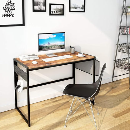 DKLGG Computer Desk 39" Home Office Desk Laptop Study Table Workstation with A Storage Bag and Headphone Hook Retro Industrial Design Small Computer Desk for Teens, Brown