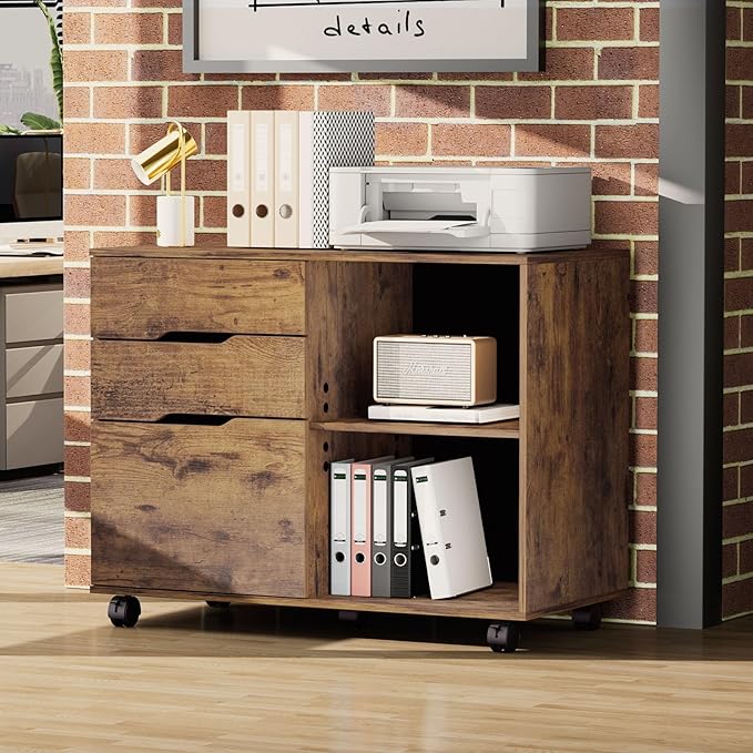 3 Drawer File Cabinet Lateral Printer Stand with Adjustable Storage Shelves for Home Office Small Space, Rustic Brown