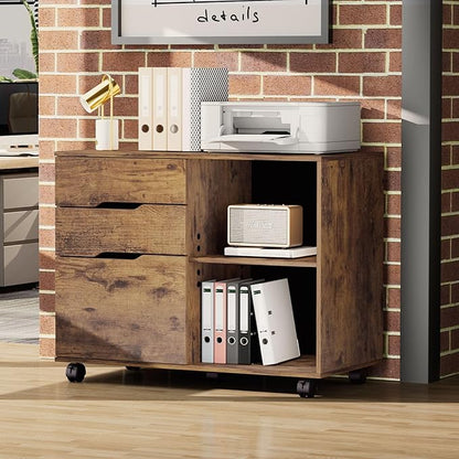 3 Drawer File Cabinet Lateral Printer Stand with Adjustable Storage Shelves for Home Office Small Space, Rustic Brown