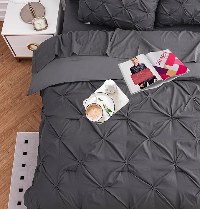 LANE LINEN Queen Size Comforter Set, 7 Piece Bedding Queen Size, Pintuck Comforters Queen Size Bed Set, Soft Queen Bed in a Bag Set, Queen Bed Comforter Set with Sheets, Pillowcases & Shams - Grey