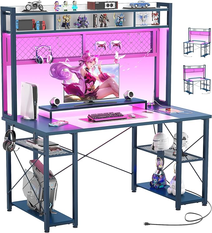 armocity 2024 Upgrade Gaming Desk with Hutch, 48'' Magic Computer Desk with LED Lights and Outlets, Reversible Workstation Desk with Pegboard and Monitor Stand, 48 Gamer Desk PC Table, White and Blue