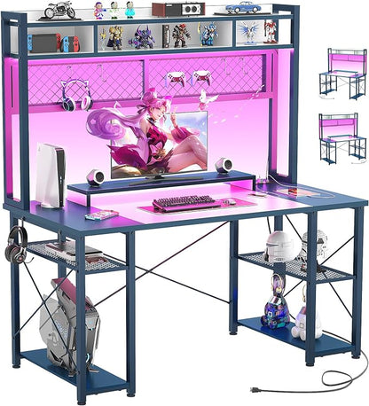 armocity 2024 Upgrade Gaming Desk with Hutch, 48'' Magic Computer Desk with LED Lights and Outlets, Reversible Workstation Desk with Pegboard and Monitor Stand, 48 Gamer Desk PC Table, White and Blue