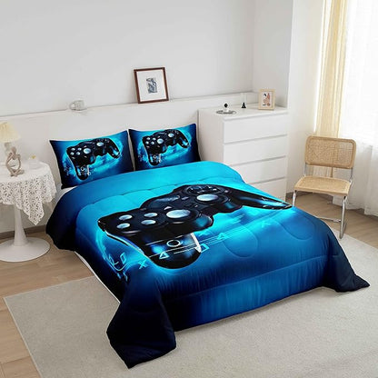 Feelyou Queen Size Gaming Comforter Set for Boys Gamer Bedding Set for Teens Kids Gamer Room Decor Blue Video Games Comforter Duvet Set Gamepad Quilted All Season 1 Comforter with 2 Pillow Cases
