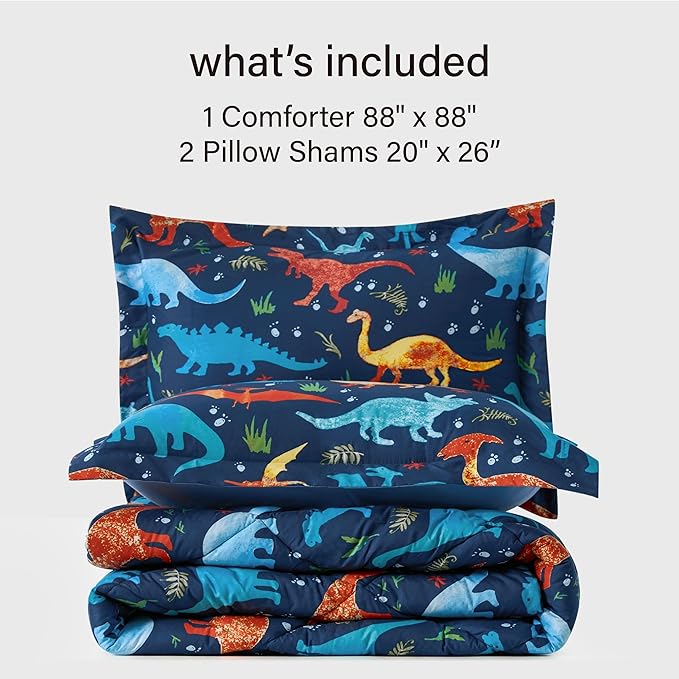 Queen Dinosaur Kids Bedding Set for Boys, 3 Pieces Queen Dinosaur Kids Comforter Sets, Super Soft Lightweight for All Seasons, Includes 1 Comforter (88"x88") and 2 Pillowcase (20"x26"+2")