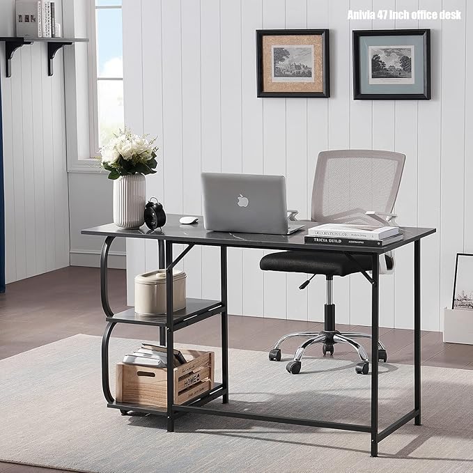 Anivia Gaming Computer Desk, Small Home Office Desk with 2 Storage Shelves, 47" Writing Desks Industrial Simple Style Wood Table Metal Frame for PC Laptop Notebook（Black） (47-B)