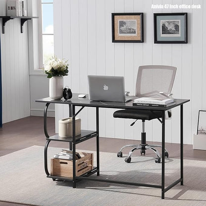 Anivia Gaming Computer Desk, Small Home Office Desk with 2 Storage Shelves, 47" Writing Desks Industrial Simple Style Wood Table Metal Frame for PC Laptop Notebook（Black） (47-B)