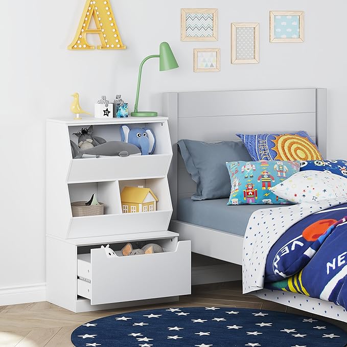 UTEX Kids Toy Storage Organizer, Bookshelf for Kids and Bookcase with Drawer, Children Open Storage Cubby for Kids Room Playroom Nursery White