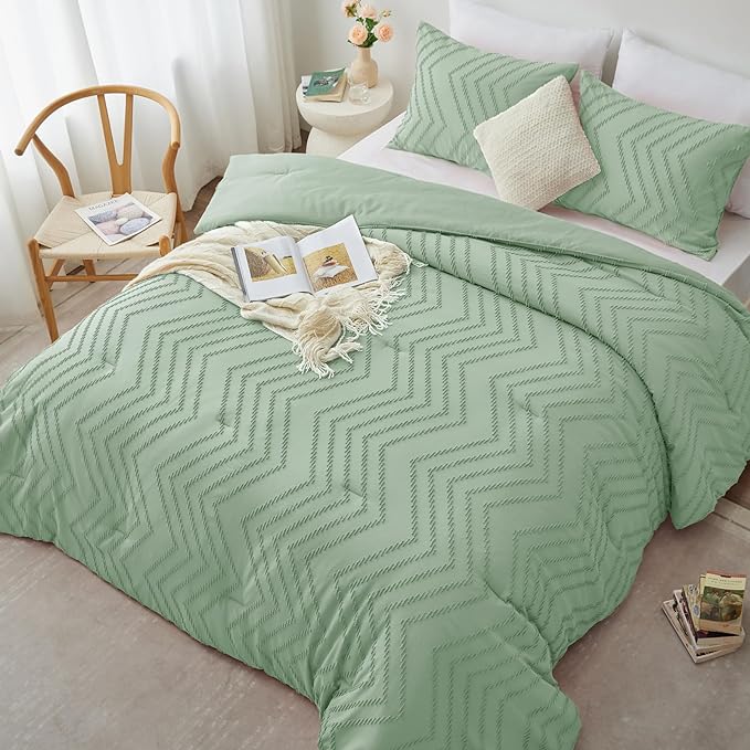CozyLux Full Size Comforter Set Sage Green - 3 Pieces Boho Tufted Shabby Chic Bedding Comforter Set for All Seasons, Chevron Bedding Sets with Comforter & 2 Pillow Shams