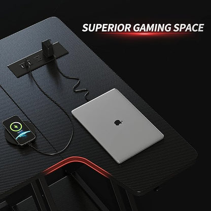 CubiCubi Aurora Gaming Desk with LED Lights & Power Outlets, 40 Inch L Shaped Carbon Fiber Surface Desk with Storage Shelves, Small Corner Computer Desk with Monitor Shelf, Gamer Desk PC Table, Black