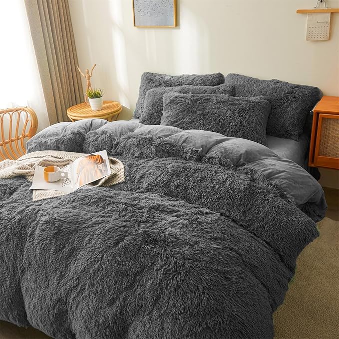 Fluffy dark grey comforters Cover twin size - Ultra Soft Plush dark grey bedding Sets 2 Pieces (1 faux fur comforter Cover + 1 fuzzy pillow case) girls shaggy dark grey twin bed set (Dark Grey, Twin)