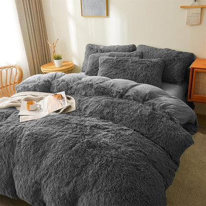 Fluffy dark grey comforters Cover twin size - Ultra Soft Plush dark grey bedding Sets 2 Pieces (1 faux fur comforter Cover + 1 fuzzy pillow case) girls shaggy dark grey twin bed set (Dark Grey, Twin)