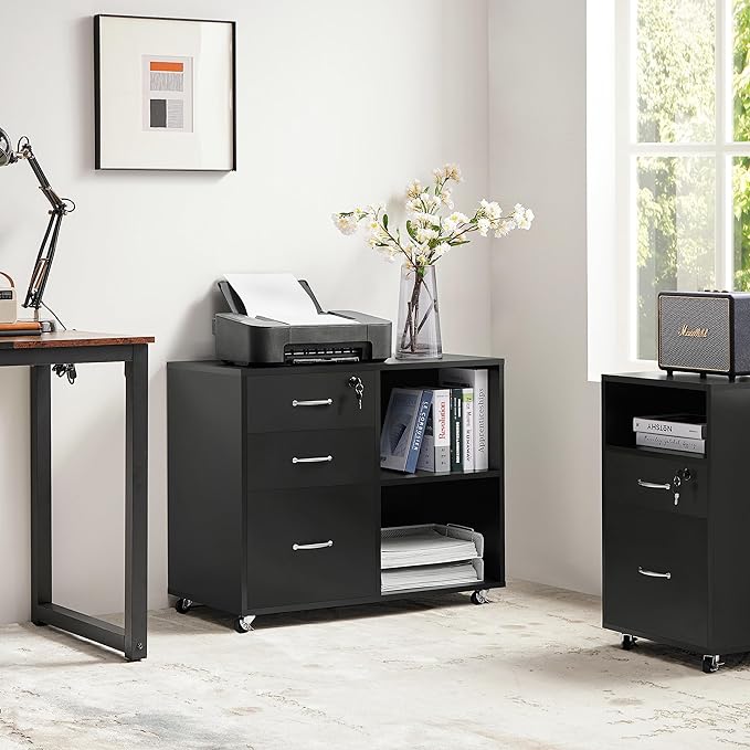 Yaheetech Black File Cabinet with Lock for Letter, A4 Size,3 Drawer Lateral Filing Cabinet Printer Stand with Open Storage Compartments,Mobile Filing Cabinet for Home Office, Black