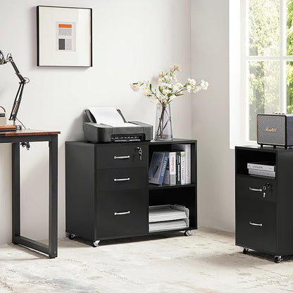 Yaheetech Black File Cabinet with Lock for Letter, A4 Size,3 Drawer Lateral Filing Cabinet Printer Stand with Open Storage Compartments,Mobile Filing Cabinet for Home Office, Black