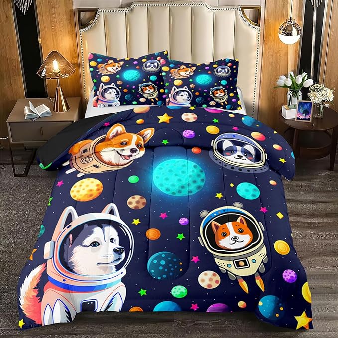 Dog Pattern Comforter Set - 3Pcs Cartoon Universe Dogs Theme Bedding Set for Boys Girls Kids Bedroom Kawaii Animal Pets Bedspreads Cover with 2 Pillowcases for All Season, Queen Size