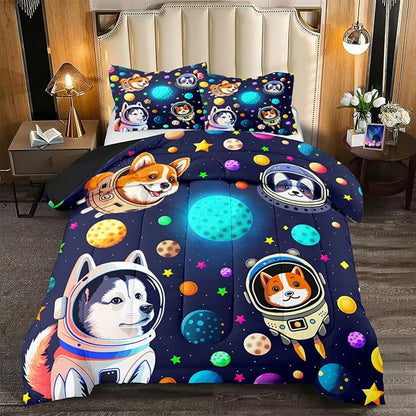 Dogs Full Size Bedding Set - 3Pcs Cute Dogs Comforter Set for Boys Ultra Soft Universe Corgi Husky Alaska Pattern Bedding Set for Kids Girls Boys Lightweight Blue-Black Reversible for All Season