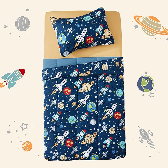 SLEEP ZONE Kids Bedding Comforter Set Full/Queen Size - Super Soft & Cute Printed 3-Piece Comforter Set All Seasons for Boys, Girls, Fade Resistant, Machine Washable, Rocket Galaxy