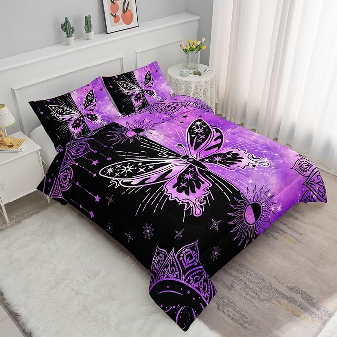 Datura home Black Purple Butterfly Comforter Set for Girls Women,Boho Butterfly Sun and Moon Mandala Printed Bedding Set with 2 Pillowcases(Black Purple Twin)