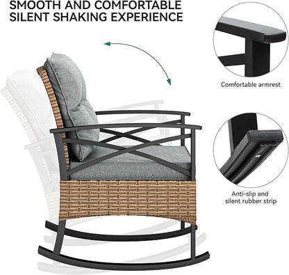 YITAHOME 3-Piece Outdoor Rocking Chair Bistro Set, Patio Wicker Rocking Chair Conversation Set with Glass Coffee Table & Soft Cushions for Balcony, Lawn and Porch Poolside (Light Brown+Gray)
