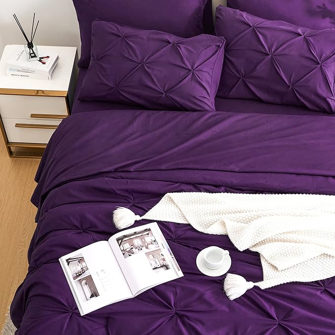 Ubauba 7pc Full Size Comforter Set with Sheets, Purple Pintuck 7 Pieces Bed in a Bag with Comforter, All Season Bedding Comforters & Sets (Purple,Full)