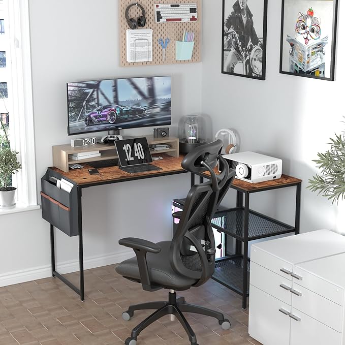 VECELO L Shaped Computer Gaming Corner Desk 47 Inch Study Writing Table, Home Office Workstation with Storage Shelves & Bag, Brown