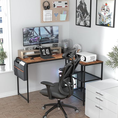 VECELO L Shaped Computer Gaming Corner Desk 47 Inch Study Writing Table, Home Office Workstation with Storage Shelves & Bag, Brown