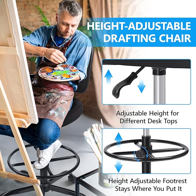 Primy Office Drafting Chair Armless, Tall Office Desk Chair Adjustable Height and Footring, Mid-back Ergonomic Standing Desk Chair Mesh Rolling Tall Chair for Art Room, Office or Home(Black)