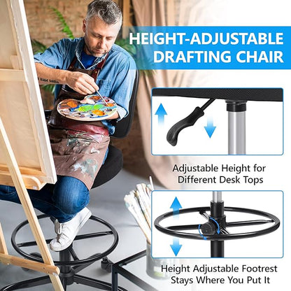 Primy Office Drafting Chair Armless, Tall Office Desk Chair Adjustable Height and Footring, Mid-back Ergonomic Standing Desk Chair Mesh Rolling Tall Chair for Art Room, Office or Home(Black)
