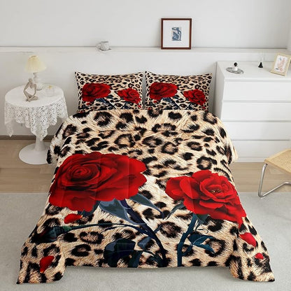 Rose Flower Comforter Set for Teens Adult Women Wedding Gift, Leopard Print Bedding Set Twin Size, Valentine's Day Cheetah Duvet Sets Leopard Animal Skin Down Comforter for Bedroom Decor, Brown