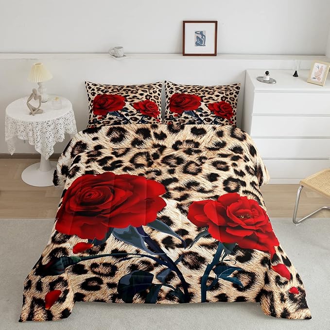 Rose Flower Comforter Set for Teens Adult Women Wedding Gift, Leopard Print Bedding Set Full Size, Valentine's Day Cheetah Duvet Sets Leopard Animal Skin Down Comforter for Bedroom Decor, Brown