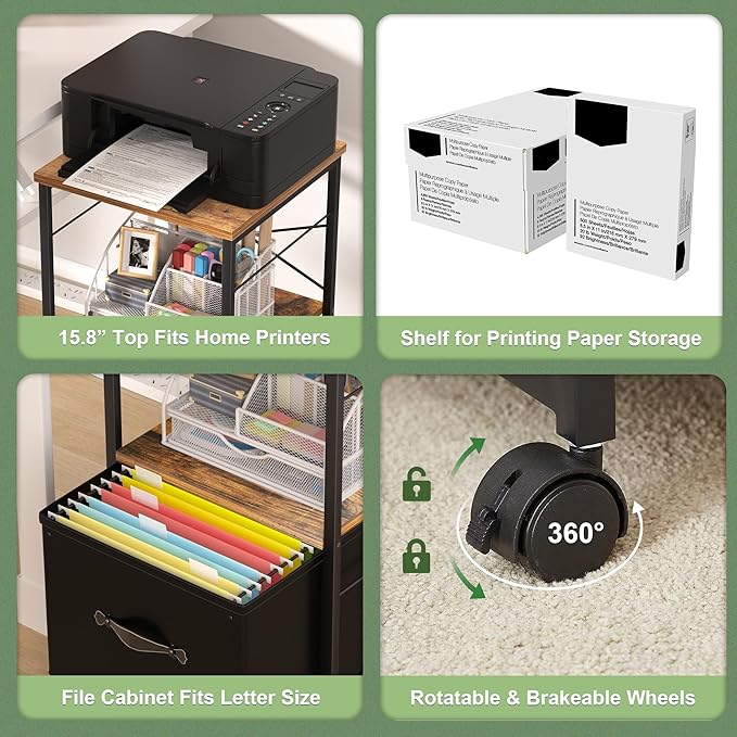 VECELO File Cabinet, Rolling Printer Stand with Large Fabric Drawer, Storage Cabinet Fits Letter Size, Ideal for Small Spaces, Apartments and Bedroom, Easy to Install, Brown+Black,2 Set