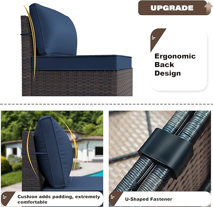 Patio Furniture Set Sofa 6pcs Wicker Sectional Sofa Set, Outdoor Furniture Rattan Patio Conversation Set with Thickened Cushions and Glass Coffee Table, Dark Blue