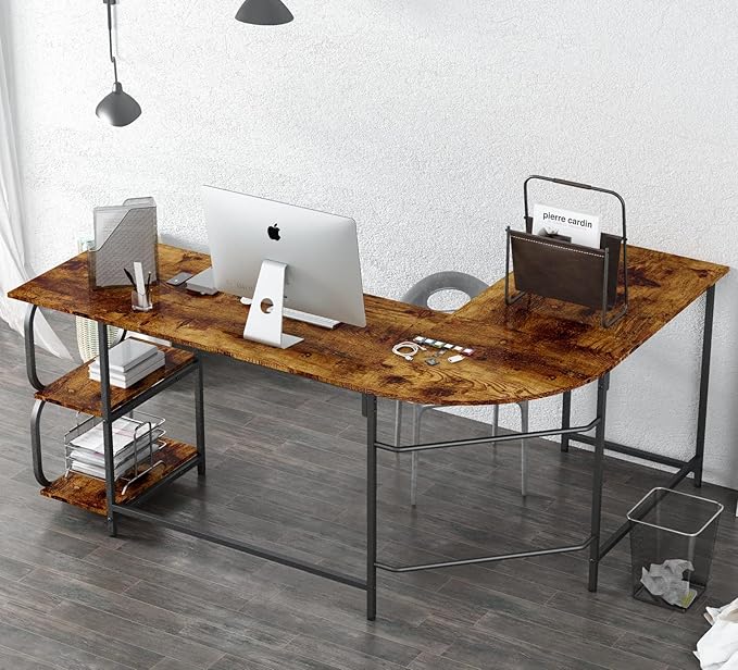 Anivia 68.9" Reversible L Shaped Desk with Storage Shelves - Corner Computer Desks Gaming Table Workstation for Home Office, Writing, Study, Caramel Brown
