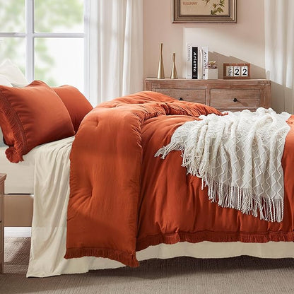 Andency King Size Comforter Set Burnt Orange, 3 Pieces Boho Terracotta Soft Lightweight Bedding Comforter Sets, Rust Tassel All Season Bed Set (104x90In Comforter & 2 Pillowcases)