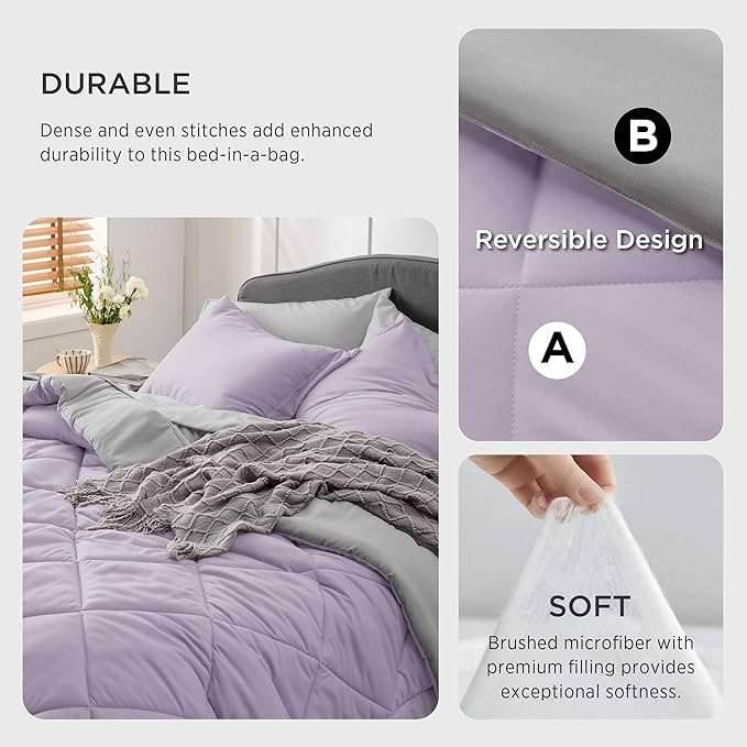 Bedsure Light Purple Full Size Comforter Set - 7 Pieces Reversible Full Bed in a Bag, Full Bed Set Light Purple and Grey with Comforters, Sheets, Pillowcases & Shams