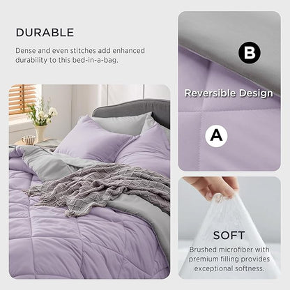 Bedsure Light Purple Full Size Comforter Set - 7 Pieces Reversible Full Bed in a Bag, Full Bed Set Light Purple and Grey with Comforters, Sheets, Pillowcases & Shams