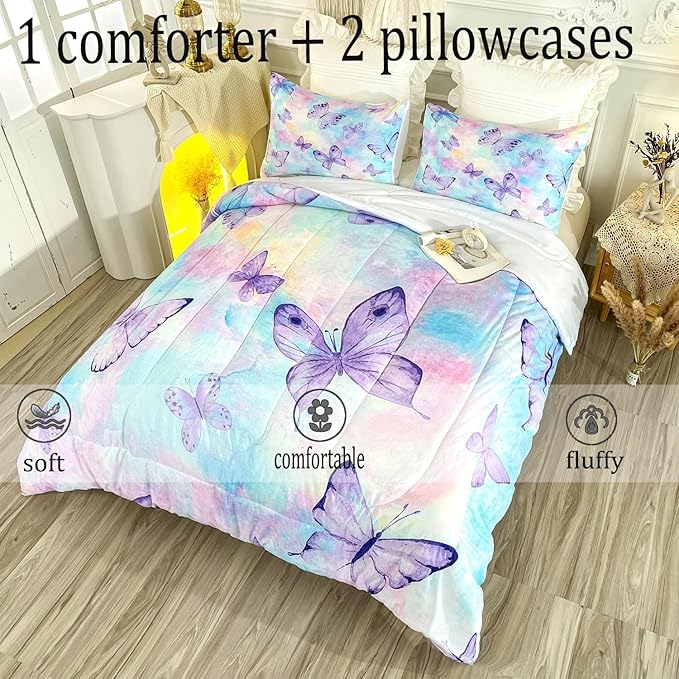 CVHOUSE Butterfly Full Comforter Set for Girls Teens.Butterfly Full Bedding Set,Butterflies Bedspread,Butterfly Duvet,Butterfly Bed Set,Butterflies Quilt Set 3 Pcs 1 Comforter and 2 Pillowcases