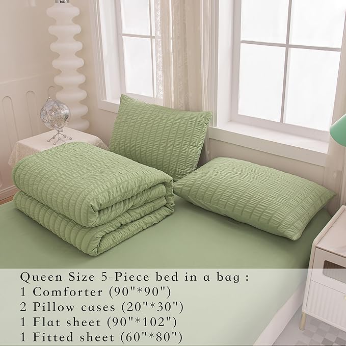5 Pcs Sage Green Comforter Sets Queen Size for Girls Women Kids, Boho Light Green Bedding Set Queen Size,Soft Lightweight Microfiber Bed Set for All Season