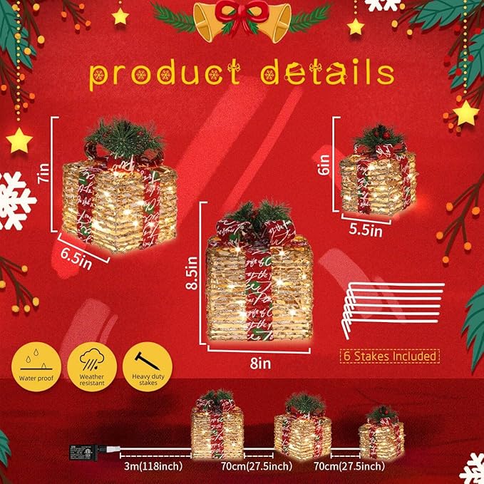 [Large 10"x8.5"x7" Christmas Set of 3 Lighted Rattan Gift Boxes Decorations Pre-lit 70 Super-Bright LED with Flashers,for Indoor Outdoor Pathway Holiday Party Home(Warm White)