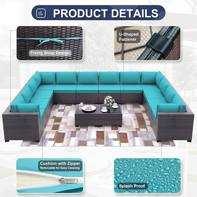Patio Furniture Set 14-Pieces Outdoor Furniture for Backyard Wicker Sectional Sofa Set, Rattan Patio Conversation Set with Thickened Cushions and Glass Coffee Table, Blue