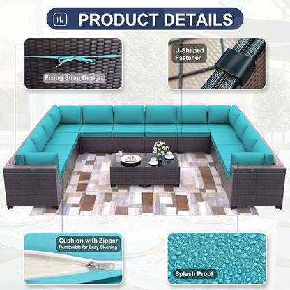 Patio Furniture Set 14-Pieces Outdoor Furniture for Backyard Wicker Sectional Sofa Set, Rattan Patio Conversation Set with Thickened Cushions and Glass Coffee Table, Blue