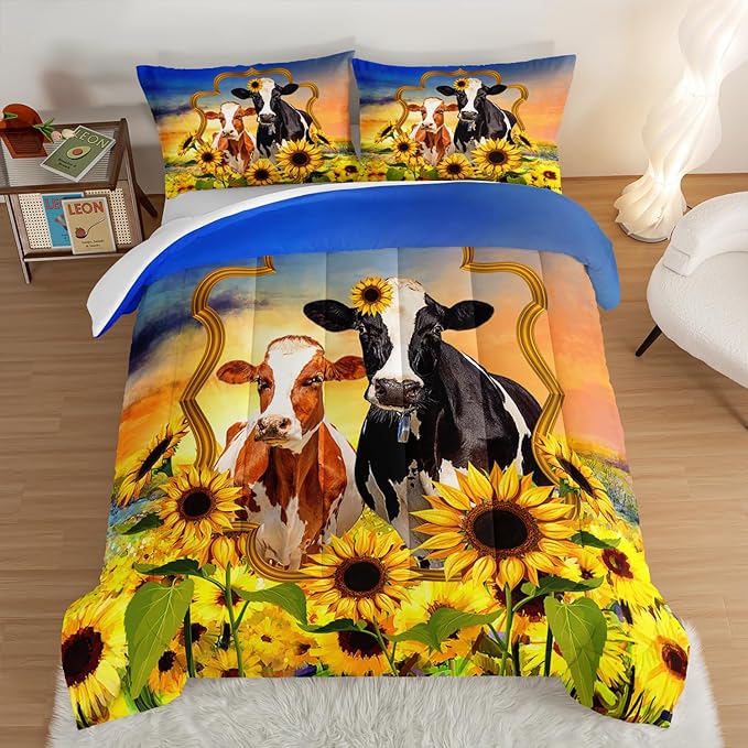 HOSIMA Animal Theme Bedding Set Bull and Cow Comforter with 2 Pillowcases,Sunflower Twin Bed in a Bag Sets for Adults Teens Kids,Brown Cowhide Black White Cow Print Western Bedding Sets.