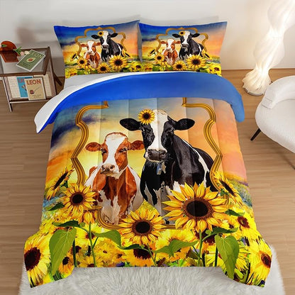 HOSIMA Animal Theme Bedding Set Bull and Cow Comforter with 2 Pillowcases,Sunflower Twin Bed in a Bag Sets for Adults Teens Kids,Brown Cowhide Black White Cow Print Western Bedding Sets.