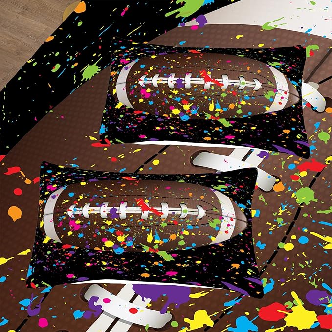 Tailor Shop Football Comforter Set for Boys Teens Kids Black Splash Ink Colorful Sports Football Bedding Set Queen Size with 1 Comforter 2 Pillow Shams……