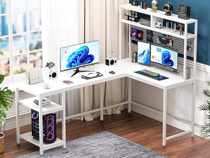 L Shaped Desk with Hutch & Pegboard - Reversible 67" L Shaped Gaming Desk with LED Lights, Corner Computer Desk with Storage Shelves, White