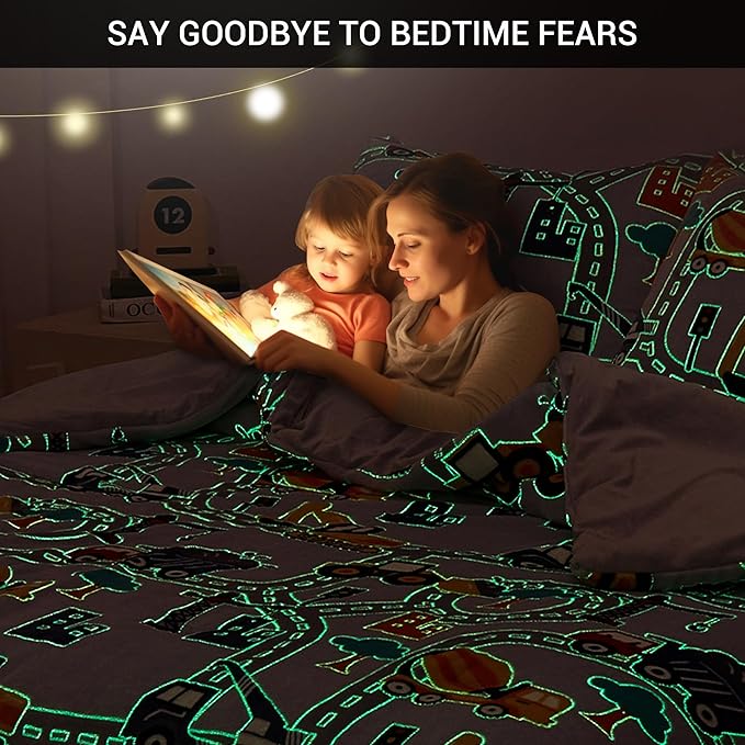 Mooreeke Glow in The Dark Twin Plush Fleece Comforter Bed Set, Soft & Warm 2 Piece Bed in A Bag with Sham, Velour Velvet Grey Excavator Highway Boys Kids Bedding Set, Fluffy Fuzzy Polar Cozy
