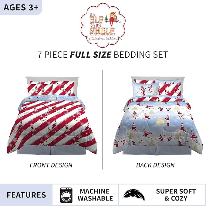 Franco Kids Bedding Soft Comforter and Sheet Set with Sham, 7 Piece Full Size, Elf on the Shelf