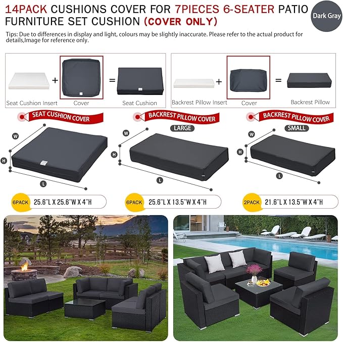 ClawsCover 14Pack Outdoor Patio Seat and Back Cushions Replacement Covers Fit for 7Pieces 6-Seater Wicker Rattan Sectional Couch Chair Furniture Set,Dark Grey-Include Cover Only (Large)