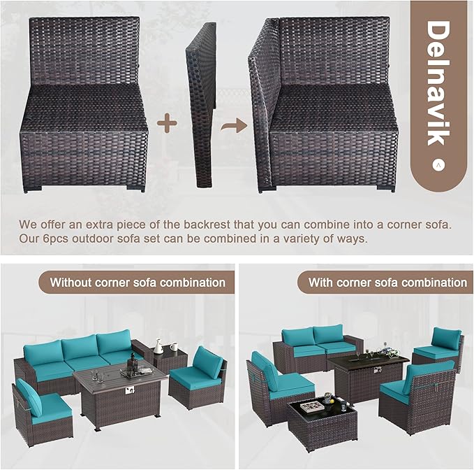Patio Furniture Sectional Sofa Set 7 Pieces PE Rattan Outdoor Furniture w/43in Gas Fire Pit Table, Patio Conversation Set with 55000 BTU Propane Fire Pit, Blue